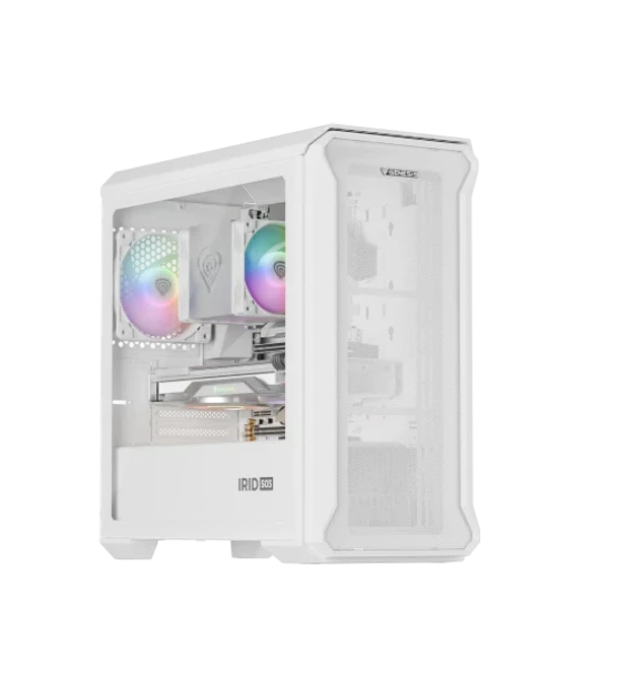 Carcasa GENESIS IRID 503 LITE Mini Tower ARGB ALB, Tempered Glass, Sloturi Expansiune 5, Drive Bays 2x3.5 inch 3x2.5 inch, Ventilatoare Suportate 6 spate 1x120mm, fata 3x120mm sau 2x140mm