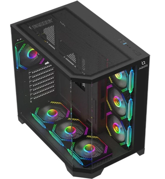 Carcasa AQIRYS Titan Mid Tower ARGB NEGRU, Tempered Glass, Sloturi Expansiune 7, Drive Bays 1x3.5 inch 2x2.5 inch, Ventilatoare Suportate 10 spate 1x120mm, lateral 3x120mm, sus 3x120mm