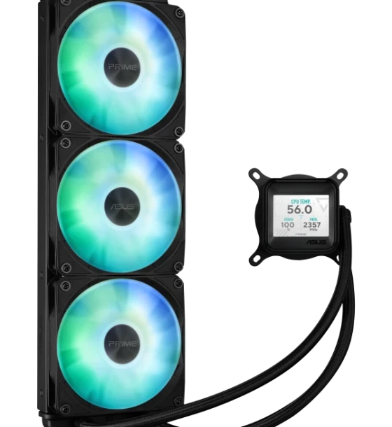Cooler Procesor ASUS PRIME LC 360 LCD ARGB NEGRU, marime radiator 360mm, 3 ventilatoare ARGB, Viteza ventilatoare 2200 RPM +/- 10%, Suport AMD AM4, AM5, suport INTEL LGA 1851/115x