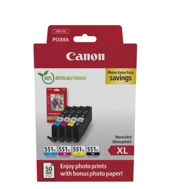 Cartus cerneala CANON pachet cerneala CLI-551xl Photo value pack, capacitate black 665 pages, 11ml, cyan 665 pages, 11ml, magenta 665 pages, 11ml, yellow 665 pages, 11ml, Compatibil cu PIXMA iP7240