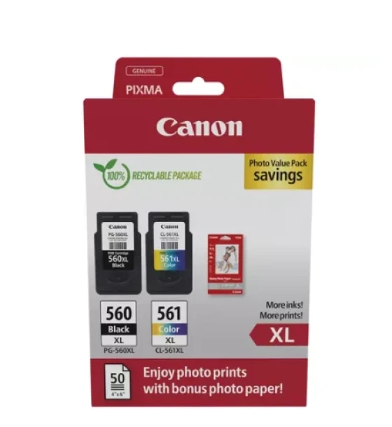 Canon pachet cartuse cearneala CANON PG-560XL/CL-561XL PHOTO VALUE PACK, capacitate negru 400 pagini/16ml, Color 300 pagini/12.2ml, Compatibil cu PIXMA TS5253, PIXMA TS5350, PIXMA TS5351