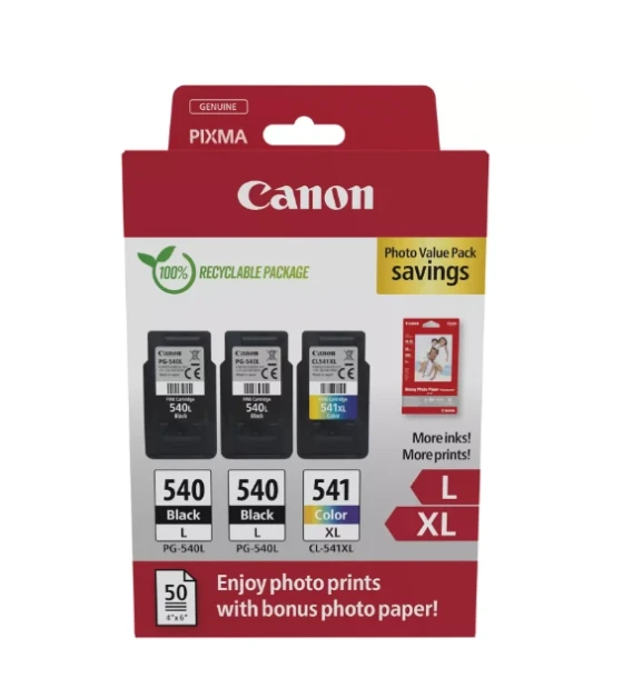 Canon pachet cartuse cearneala PG-540L X2 /CL-541XL Photo value pack, capacitate negru 2 X 300 pagini/11ml, Color 400 pagini/15ml, Compatibil cu PIXMA GM2050, PIXMA MG2140, PIXMA MG2150