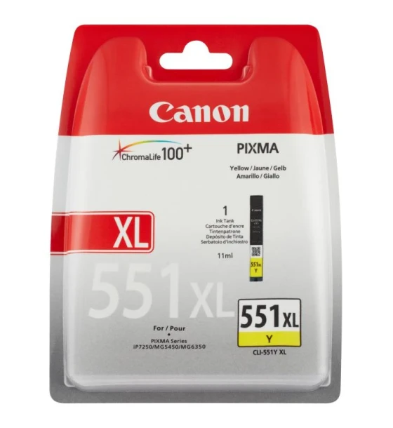 Cartus cerneala Canon CLI-551XL, yellow, capacitate 11ml, pentru Canon Pixma IP7250, Pixma IP8750, Pixma IX6850, Pixma MG5450, Pixma MG5550, Pixma MG6350, Pixma MG6450, Pixma MG7150