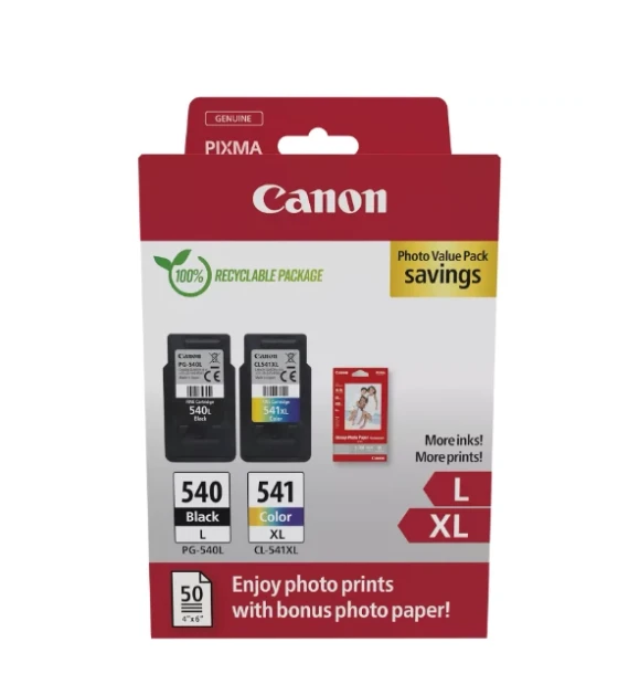 Canon pachet cartuse cearneala PG-540L/CL-541XL Photo value pack, capacitate negru 300 pagini/11ml, Color 400 pagini/15ml, Compatibil cu PIXMA GM2050, PIXMA MG2140, PIXMA MG2150