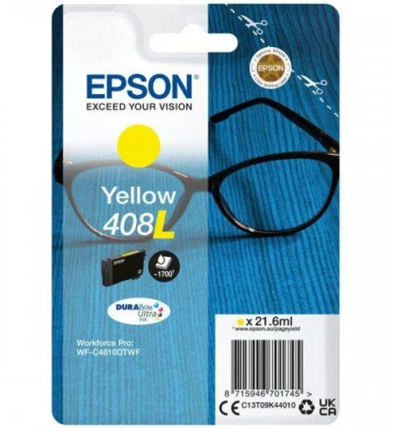 Cartus cerneala Epson 408L Ink Tank, DURABrite Ultra ink, Yellow, capacitate 21.6ml, 1.7k pagini, pentru WorkForce Pro WF-C4810DTWF