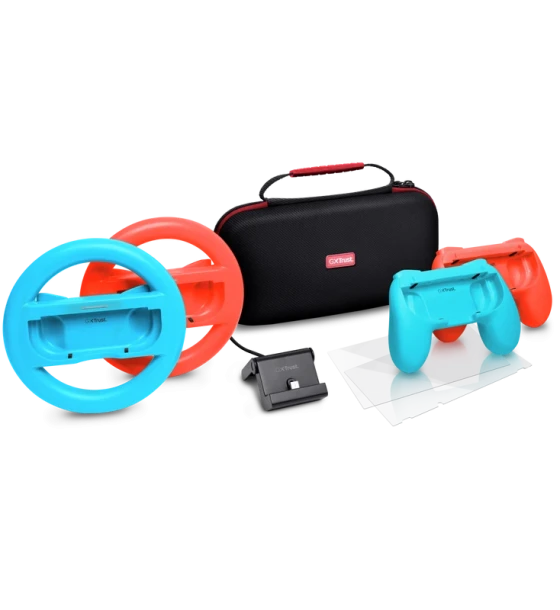 Pachet accesorii Trust pentru conosola Nintendo Switch, pachetul contine husa de transport, 2 x prinderi Joy-Con, 2 x volan, sticla securizata pentru Switch