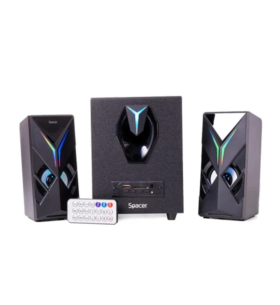 Boxe Spacer Gaming 2.1, 14W RMS 2x3W + 8W, bluetooth, telecomanda wireless, control volum, subwoofer lemn MDF, 220V alimentare, USB/SD/AUX/radio FM, negru