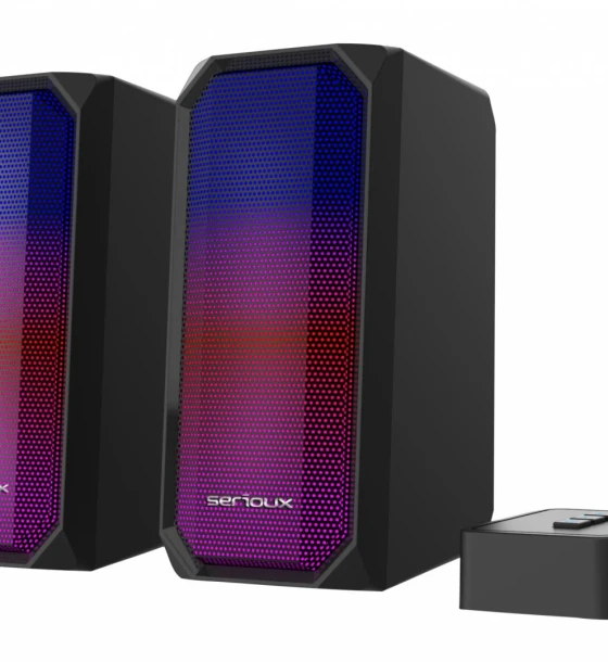 Boxe gaming 2.0 Serioux Kyro RGB, Functie Dual Mode Bluetooth, putere 3W x 2, impedanta 4Ω, frecventa 150Hz - 20KHz, sensibilitate 650mv 50mv, alimentare DC5V/1A, S/N 75dB