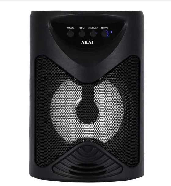 Sistem audio Boxa portabila Akai ABTS-704, Bluetooth 4.2, radio FM, 1x port USB pentru mp3 player, 1x slot card TF, lumini LED, baterie reincarcabila, 1x slot pentru microfon, timp de incarcare 2 ore