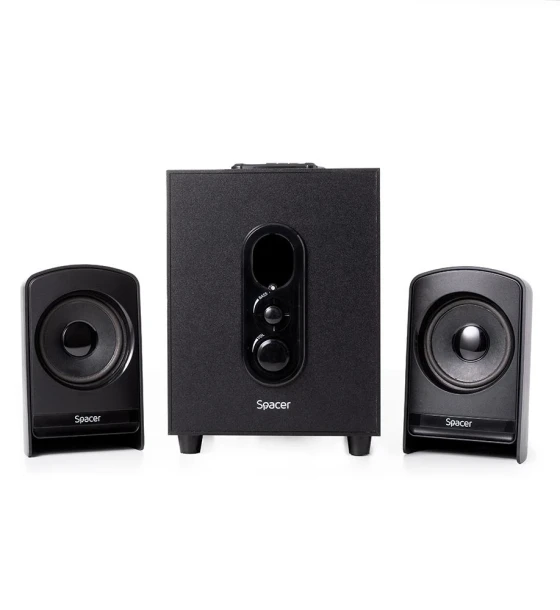 Sistem audio Boxe Spacer 2.1, 20W RMS 2 x 5W + 10W, alimentare 220V, conectori Bluetooth, USB, Jack 3.5mm, Radio FM, RCA, negru