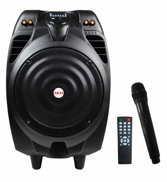 Sistem audio Boxa portabila Akai cu troller, putere totala 50W, autonomie 2-3h la volum maxim, timp de incarcare 4-6h, slot USB SD card, raza de functionare de pana la 10m, functie de karaoke
