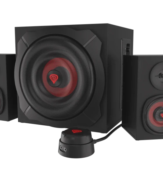 Sistem audio Genesis HELIUM 610BT, putere maxima RMS 60W, frecventa raspuns 40 - 20000 Hz, conectivitate mini jach, bluetooth 4.2, material lemn, negru/rosu
