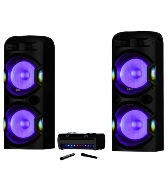 Sistem audio dual cu amplificator Akai, bluetooth V5.0, difuzoare 4 x woofere de 15 inch si 4 x tweetere de 1.5 inch, frecventa de raspuns 20Hz - 20KHz, sistem de lumini LED pentru karaoke