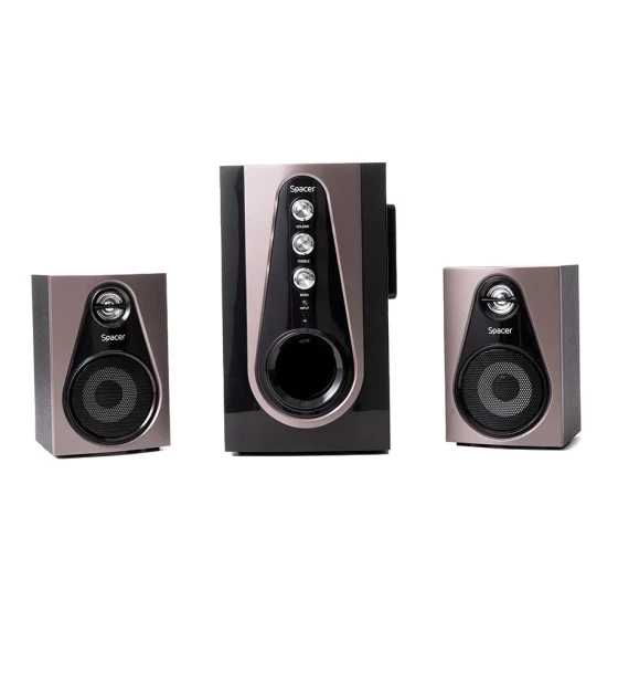Boxe Spacer 2.1, 30W RMS 2x 5W + 20W, alimentare 220V, conectori Bluetooth, USB, Jack 3.5mm, Radio FM, SD, RCA, contine telecomanda wireless, negru