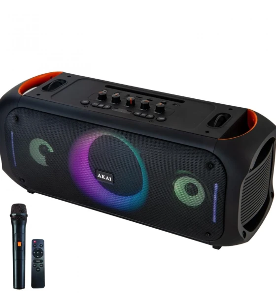 Sistem audio Boxa portabila Akai cu microfon fara fir si telecomanda, bluetooth 5.3 putere 80W, puterea de emisie a canalului BT 2 dbm, baterie 7, 4 V, 6000 mAh, tip baterie Litiu-ion