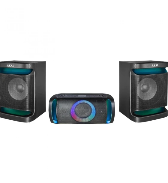 Sistem audio Akai Dual Speaker MX5, versiune BT 5.3, tip baterie Li-ion 2400mAh, voltaj baterie 12V, putere RMS 200W, format audio suportat MP3/WMA, timp de incarcare 2 ore