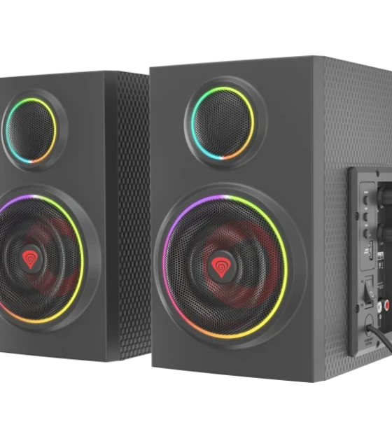 Sistem audio 2.0 Genesis HELIUM 300BT, putere totala RMS 24 W, frecventa raspuns 100 - 20000 Hz, material lemn, iluminare ARGB, negru