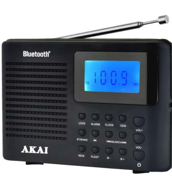 Radio cu ceas Akai APR-400 cu baterii 3x AAA, Bluetooth 5.0, Power max 0.8W, accesorii curea de mana