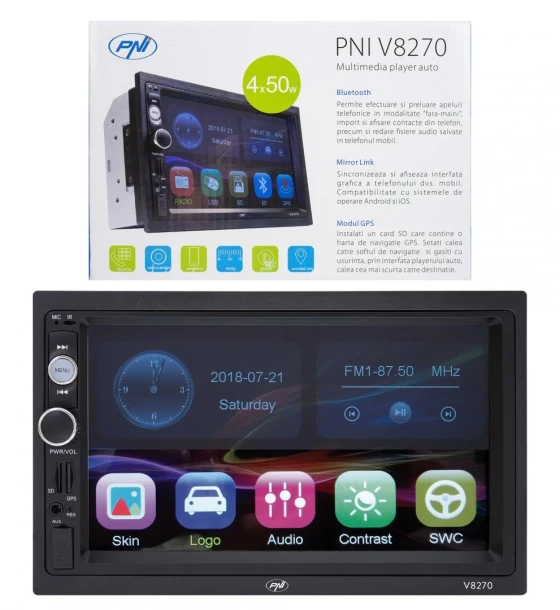 Radio portabil Navigatie multimedia PNI V8270 2 DIN cu GPS MP5, touch screen 7 inch, radio FM, Bluetooth, Mirror Link, AUX, USB, microSD, Culoare negru, 7 inch, 1920 x 1080px, Aspect 16:9