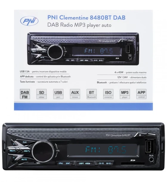 DAB si RDS radio MP3 player auto PNI Clementine 8480BT 4x45w, 12/24V, 1 DIN, cu SD, USB, AUX, RCA, Bluetooth si USB 1.5A pentru incarcare telefon, Radio FM/DAB+, Radio FM 87.5MHZ - 108.0MHZ