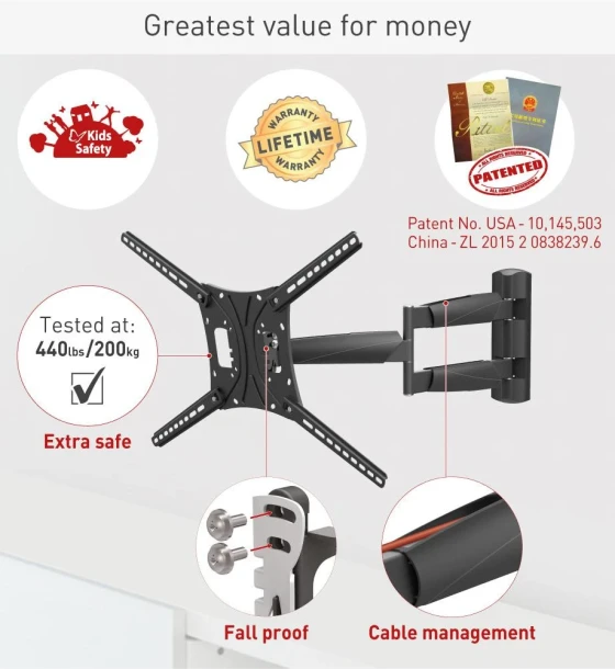 Suport TV plat/curbat de perete cu 2 brate Barkan BM443LP, 13 inch- 83 inch, Max 50kg, VESA 600x400, negru