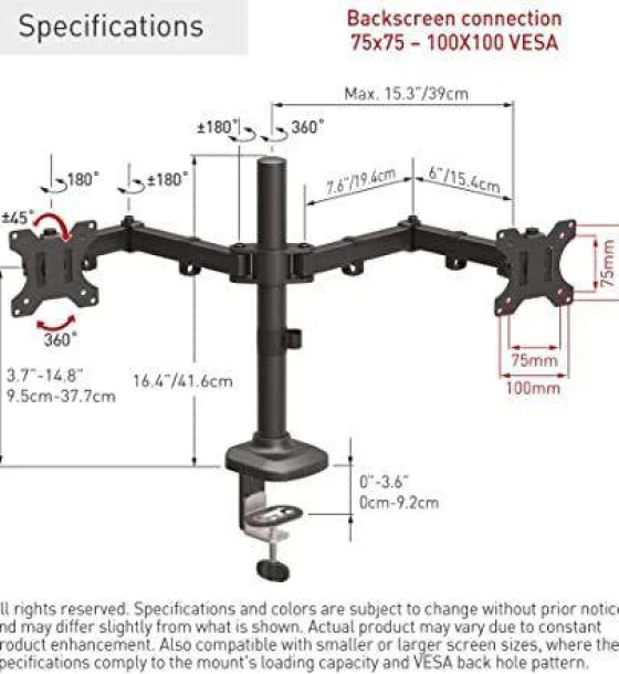 Suport monitor Barkan M142T full motion, pentru monitoare de 13 inch-27 inch, greutate maxima suportata per ecran 5 kg, VESA max. 100x100mm, negru