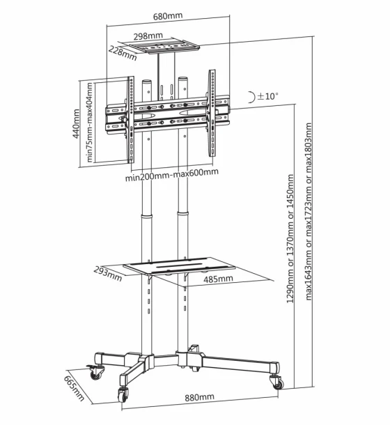 Suport TV Stand TV mobil Akai 37 inch-70 inch, inclinatie +10/-10, VESA 600x400, 50kg, negru