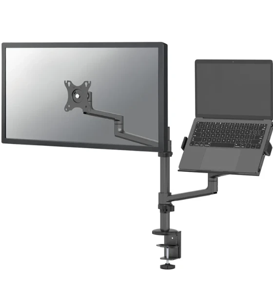 Suport dublu laptop de birou Neomounts DS20-425BL2 pentru display-uri cu diagonale 17 inch-27 inch, sistem de prindere VESA 75x75 100x100, greutate maxima suportata 8kg, tilt +90, -30