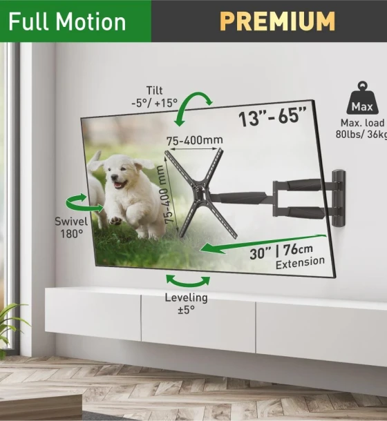 Suport TV de perete Barkan, cu brat 13 inch- 65 inch, Max 36kg, VESA 400x400, negru