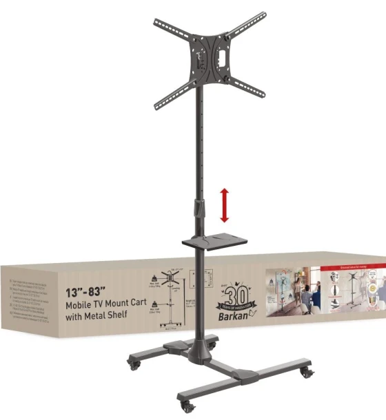 Suport Mobil de podea pentru TV plat/curbat Barkan + raft metal pentru laptop, 32 inch - 83 inch, VESA 600x400mm, suporta pana la 50kg, Negru