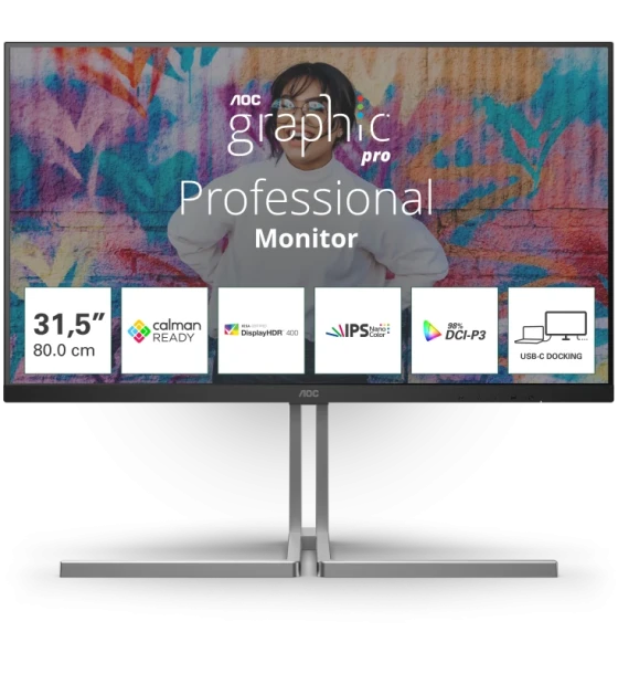 Monitor AOC 31.5 inch U32U3CV, 16:9, IPS, 3840x2160, 60Hz, GtG 4ms, Luminozitate max 400 cdmp, Contrast static 1000:1, Contrast dynamic 50M 1