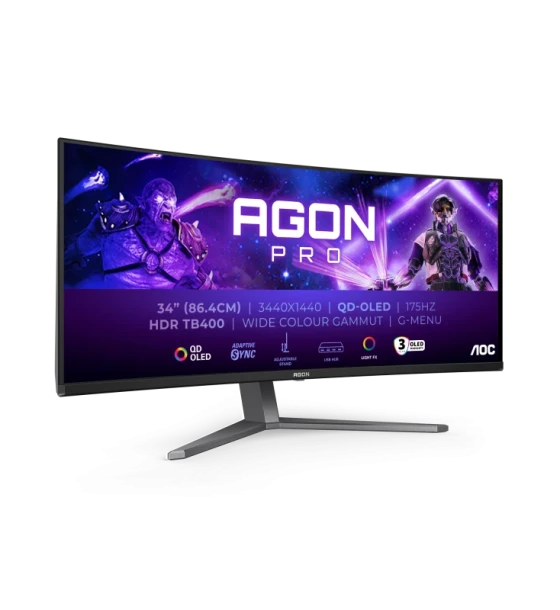 Monitor Aoc 34 inch AG346UCD, Curvature 1800R, 21:9, QD-OLED, 3440x1440, 175Hz, GtG 0.03ms, Luminozitate max 1000 cdmp, Contrast static 1.5M 1, Contrast dynamic Mega Infinity DCR, Viewing