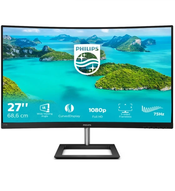 Monitor 27 inch Philips 272E1CA, Curbat 1500R, FHD 1920x1080, 75 Hz, 4 ms, VA, 16:9, 250 cd mp, 3000:1, Mega Infinity DCR, Anti-Glare, 3H, Haze25%, WLED, 178, Low Blue Mode, FreeSync, VGA