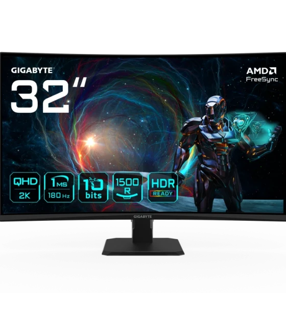 Gigabyte Monitor gaming 31.5 inch GS32QCA, Non-glare, 2560 x 1440 QHD, Luminozitate 250 cdmp TYP, Contrast 3500:1, Culori 1.07B, Timp raspuns 1ms, 180Hz, HDR Ready, Flicker-free