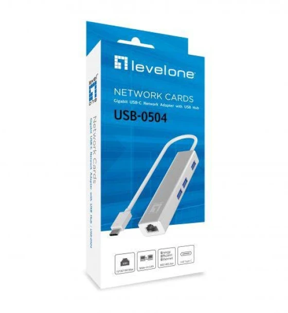Access point LevelOne USB-0504 Gigabit USB-C Network Adapter with USB Hub, 110 x 23.5 x 16.5 mm