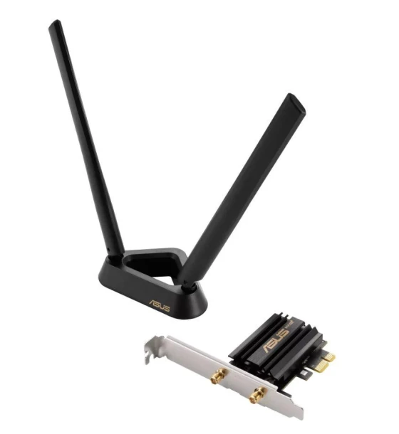 Router wireless ASUS PCE-AXE59BT Wifi si Bluetooth 5.2 PCIe adapter, WI-FI 6, 2.4GHz 5GHz 6GHz, greutate 78.4G, 2 x Antene externe, PCI-Express x 1
