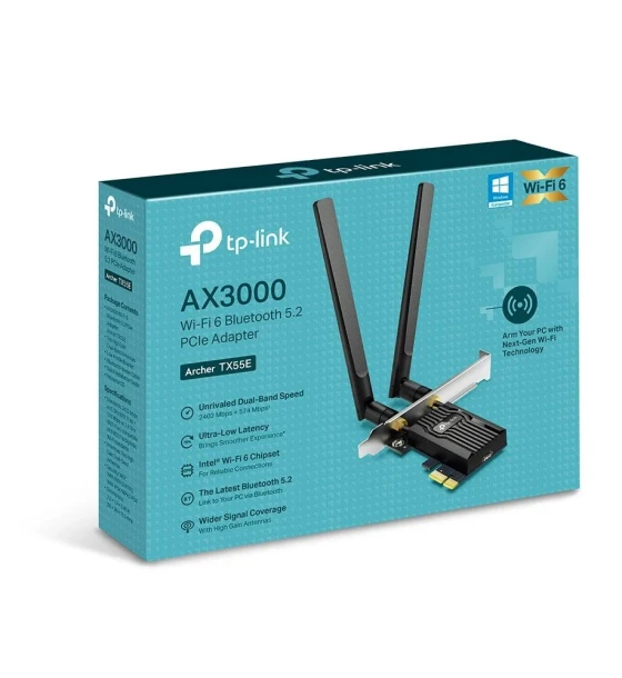 Router wireless TP-Link Adaptor PCle Wi-Fi 6 AX3000 WI-FI 6 cu Bluetooth 5.2 ARCHER TX55E, 2x Antene Dual-Band High-Gain, Standarde wireless IEEE 802.11ax/ac/n/a 5 GHz IEEE 802.11ax/n/g/b 2.4 GHz