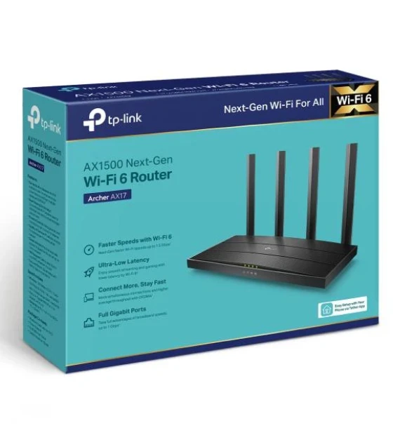 TP-Link Router Gigabit Dual-Band Wi-Fi 6 AX1500 ARCHER AX17, Standarde wireless IEEE 802.11ax/ac/n/a 5 GHz, IEEE 802.11n/b/g 2.4 GHz, Viteza 5 GHz 1201 Mbps, 2.4 GHz 300 Mbps, 4 antene fixe