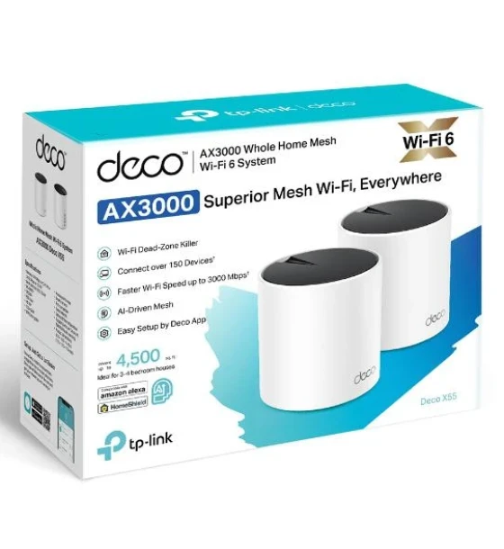 Router wireless TP-Link AX3000 whole home mesh Wi-Fi 6 System, Deco X55 2-pack Standarde Wireless IEEE 802.11ax/ac/n/a 5 GHz, IEEE 802.11ax/n/b/g 2.4 GHz, Interfata 3 LAN/WAN Gigabit Ethernet Ports