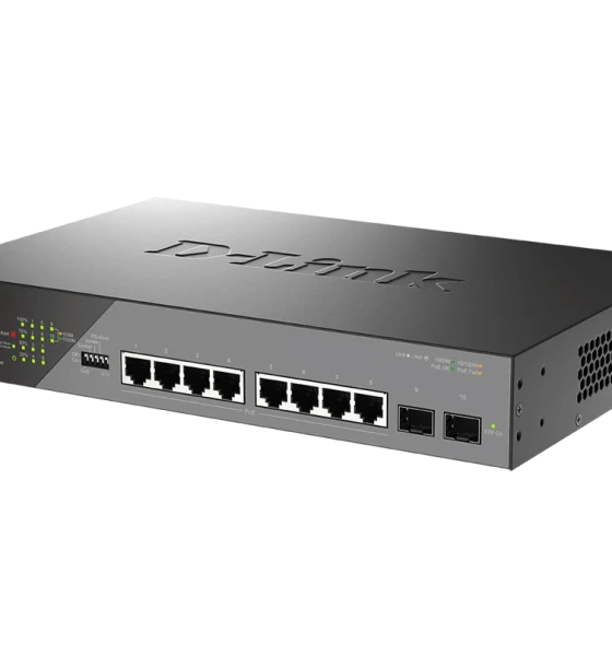 D-Link Switch DSS-200G-10MP, 8 porturi Gigabit POE, 2X SFP 1000Mbps, Capacitate switch 20Gbps, FW Rate 14.88Mbps, POE Budget 130W, 30W/port, Dimensiuni 280 x 180 x 44 mm, Greutate 1.55kg
