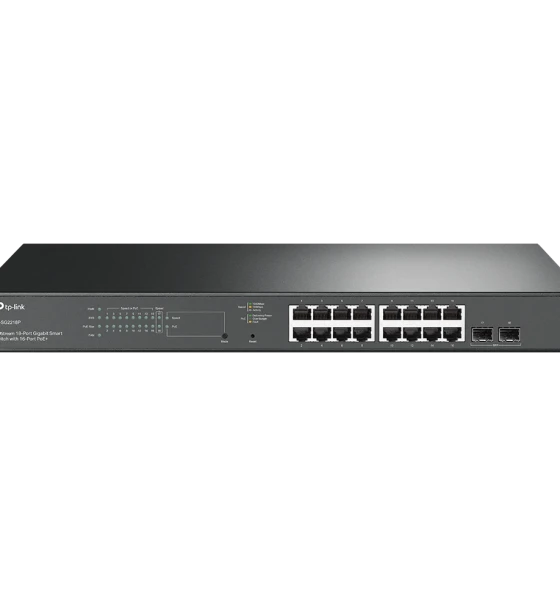 JetStream 18-Port Gigabit Smart Switch with 16-Port PoE+ PORT 16x Gigabit RJ45 Ports, 2x Gigabit SFP Slots SPEC 802.3at/af, 150 W PoE Power
