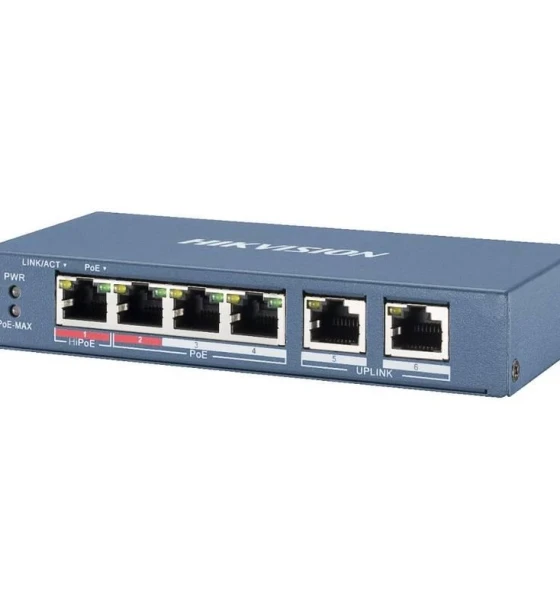 Switch 4 porturi PoE Hikvision DS-3E1106HP-EI 4 x 100 Mbps PoE RJ45 ports, 2 x 100 Mbps network RJ45 ports, IEEE 802.3at/af/bt standard for PoE ports, 6 KV surge protection