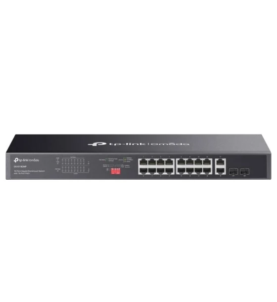 Omada 18-Port Gigabit Rackmount Switch with 16-Port PoE+ PORT 16x Gigabit PoE+ Ports, 2x Gigabit Non-PoE Ports, 2x Combo Gigabit SFP Slots SPEC 802.3at/af, 250 W PoE Power