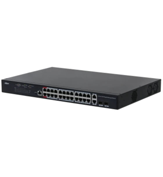 Dahua managed switch 26 porturi, 24 porturi POE, Interfata 24 x 10 Mbps, 2 x 2 gigabit uplink combo ports, Buget POE 370w, Switching Capacity 56 Gbps, Packet Forwarding Rate 41.7 Mpps