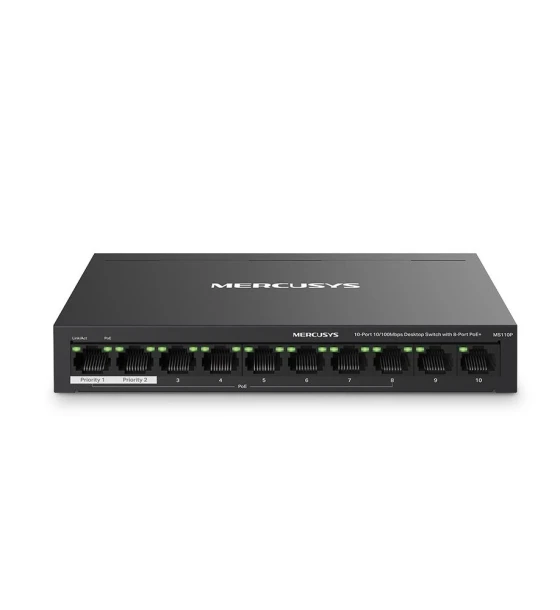MERCUSYS DESKTOP SWITCH 10PORT MS110P POE, Interfata 10x 10 Mbps, Standarde si protocoale IEEE 802.3x Flow Control, Dimensiuni 171x98x27 mm, Porturi POE 1-8, Buget POE 65W