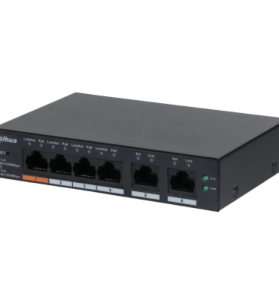 Switch retea Dahua desktop switch, 6 porturi Gigabit, 4 porturi POE, CS4006-4GT-60, Port 1-4 4 RJ-45 10 Mbps POE, Port 5-6 2 RJ-45 10 Mbps uplink, Cloud managed, Layer 2