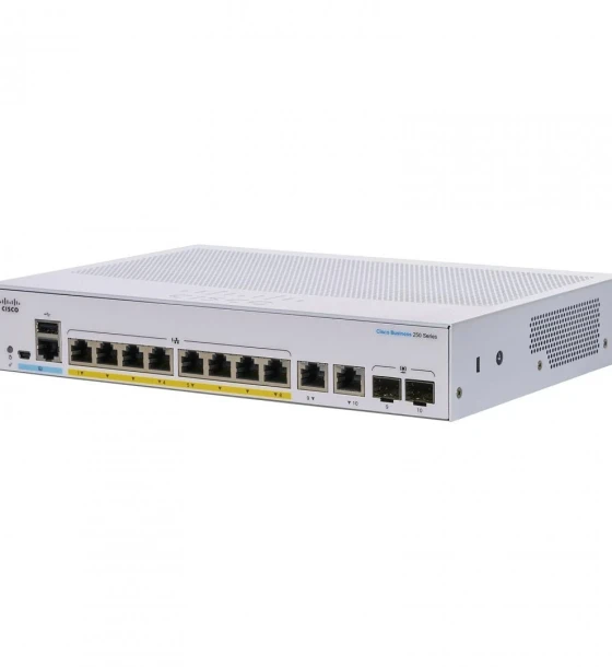 Switch CISCO CBS250-8P-E-2G, 8 PORTURI 10, 2 x SFP, POE 60w, Buffer 1.5 Mb, Flash 256Mb, CPU 800 MHz ARM, DRAM 512 MB Dimensiuni 268 x 185 x 44 mm, Greutate 1.53 Kg