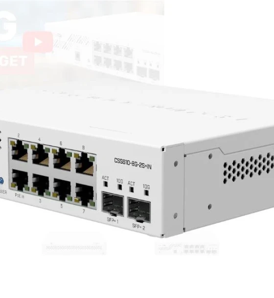 Switch retea MIKROTIK, CSS610-8G-2S+IN 8G, 2 SFP+ Port, Indoor Switch 64kb Flash, Pasive POE, Dimensiuni 200 x 167 x 46 mminterfata 8 x 10, 2 x SFP+, IP20, POE in- 12-57 V, consum maxim 5w