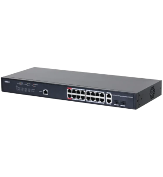 Dahua Managed Switch 18 porturi, 16 porturi POE, Gigabit, Port 1-16:16 x 10M/100M/1000MBase-T PoE, Port 17-18:2 x 10M/100M/1000MBase-T uplink combo, Port 17-18:2 x 1000M SFP uplink combo