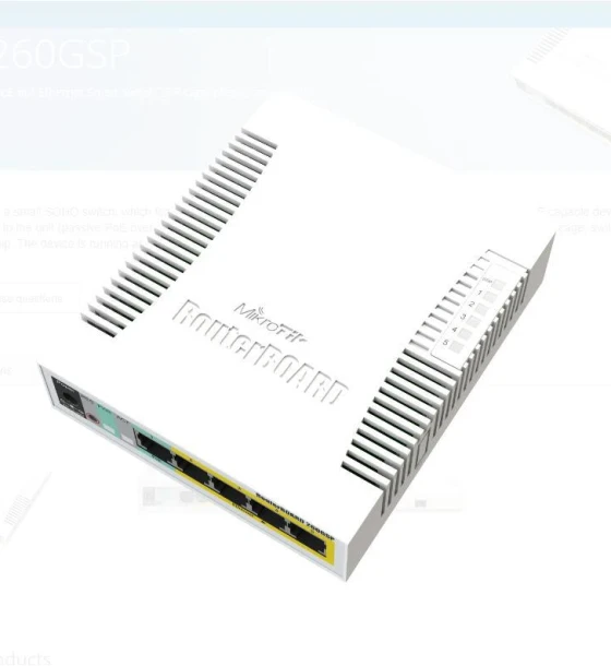 MIKROTIK SMALL SOHO SWITCH RB260GSP CSS106-1G-4P-1S, 5 X GIGABIT POE, Dimensiuni 113x139x28mm, Sistem operare MikroTik SwOS, 128Kb Flash, Consum maxim 53W, Porturi POE 2-5, Passive POE